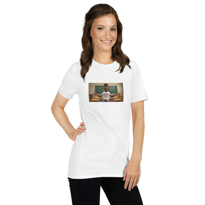 White unisex T-shirt, front view; centered rectangular graphic print, short sleeves