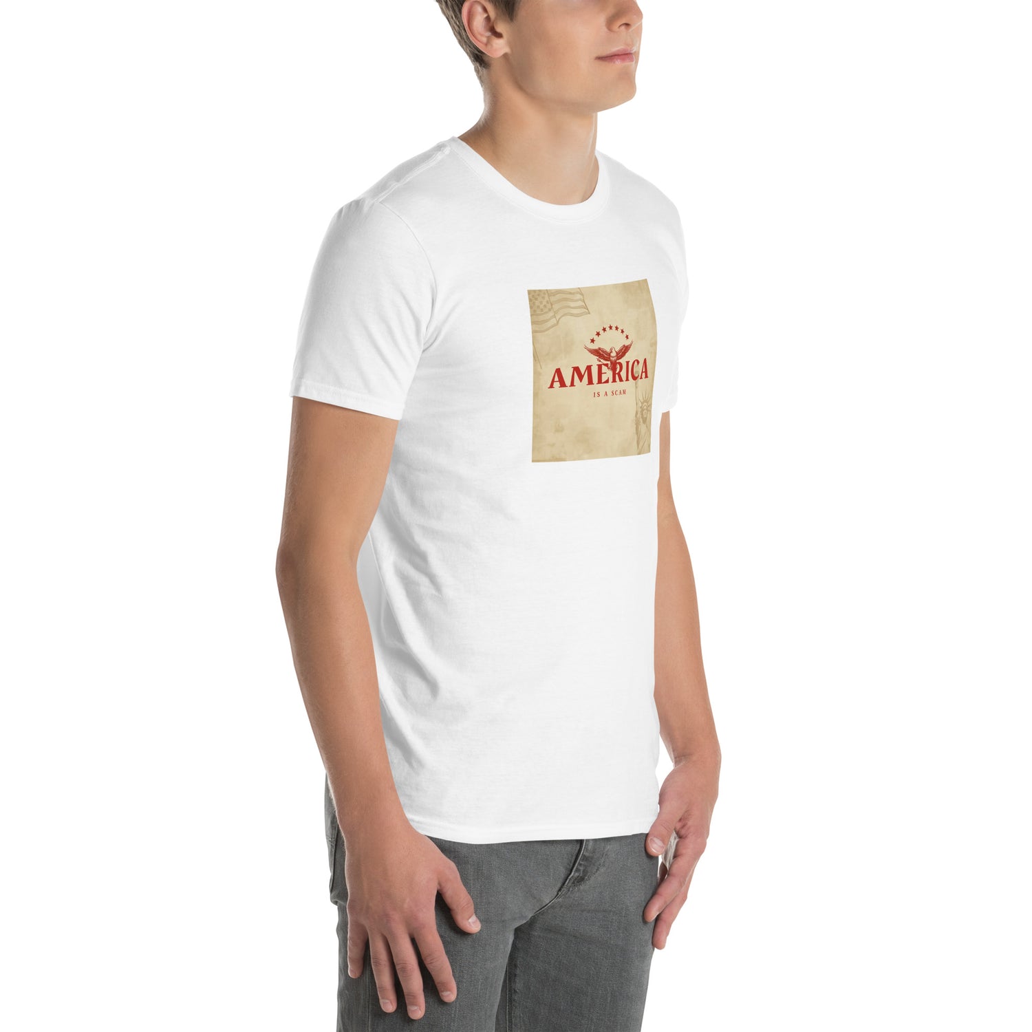 America Is A Scam T-shirt, white unisex, front square map-style graphic