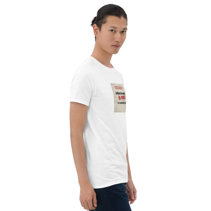 White T-shirt front close-up with square quote graphic, crew neck and short sleeves