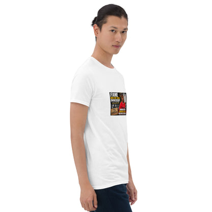 White unisex short-sleeve T-shirt with front rectangular graphic print, angled