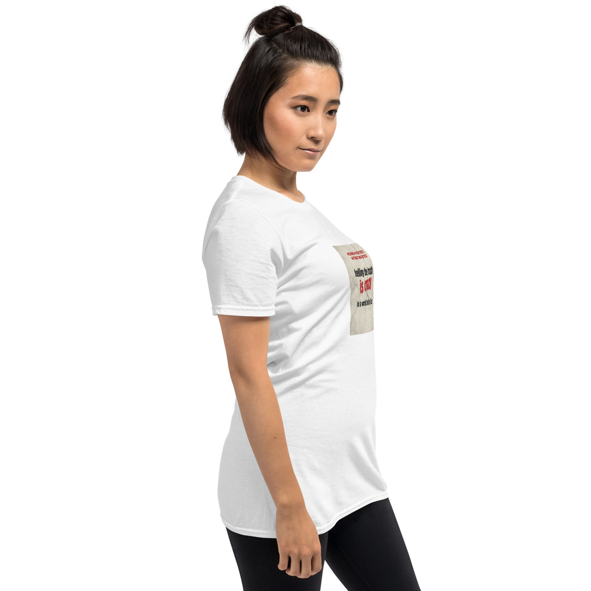 Unisex white graphic t-shirt, side view with small sleeve square text print