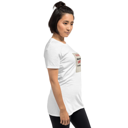 Unisex white graphic t-shirt, side view with small sleeve square text print