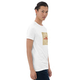 Unisex white graphic tee side-front view with square “AMERICA” print on chest