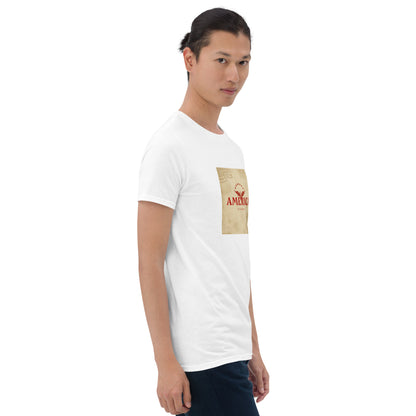 Unisex white graphic tee side-front view with square “AMERICA” print on chest