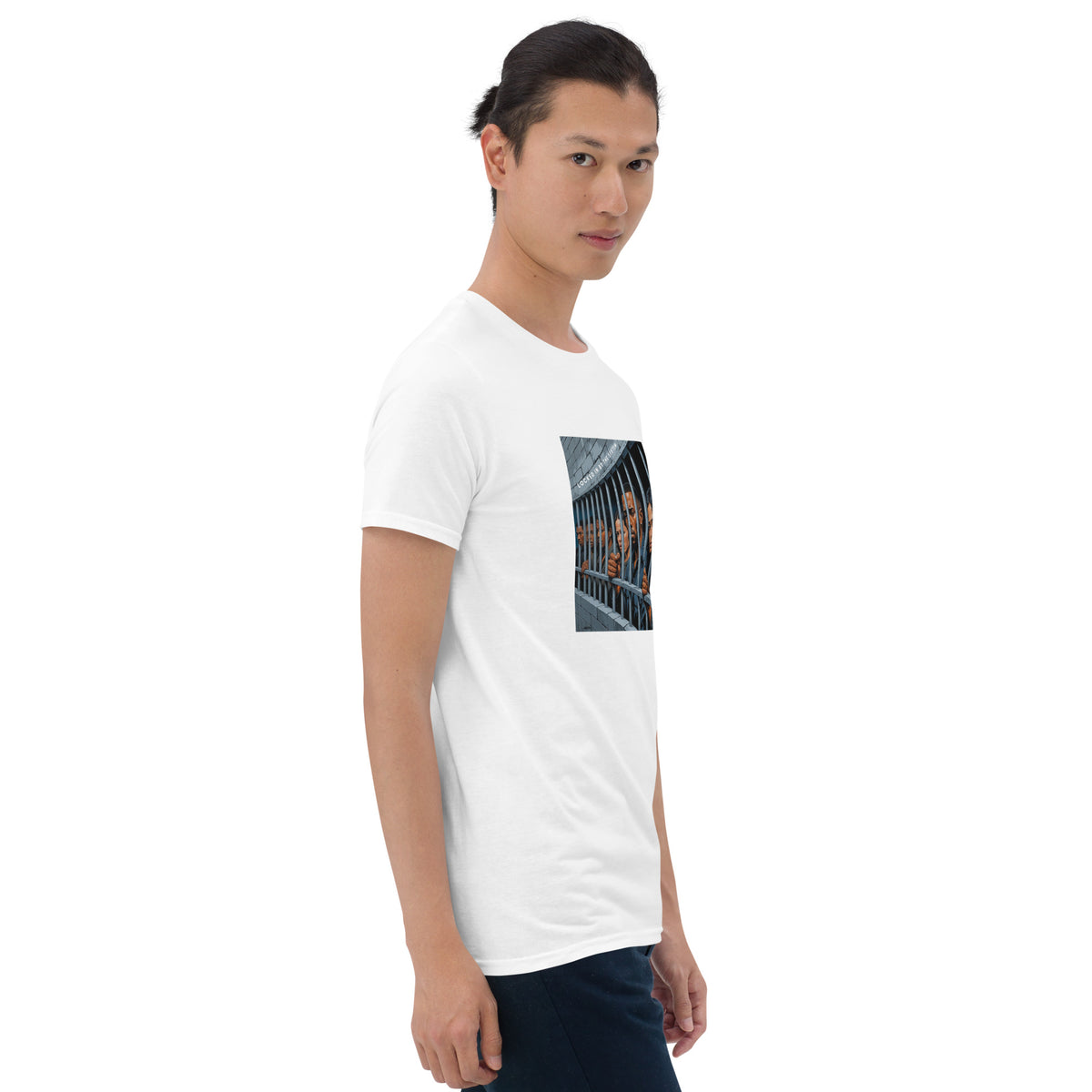 White graphic crew-neck T-shirt with front photo print, angled front view