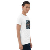 White graphic crew-neck T-shirt with front photo print, angled front view