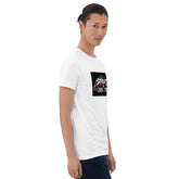 White unisex graphic T-shirt front view, black rectangular chest print with red accents