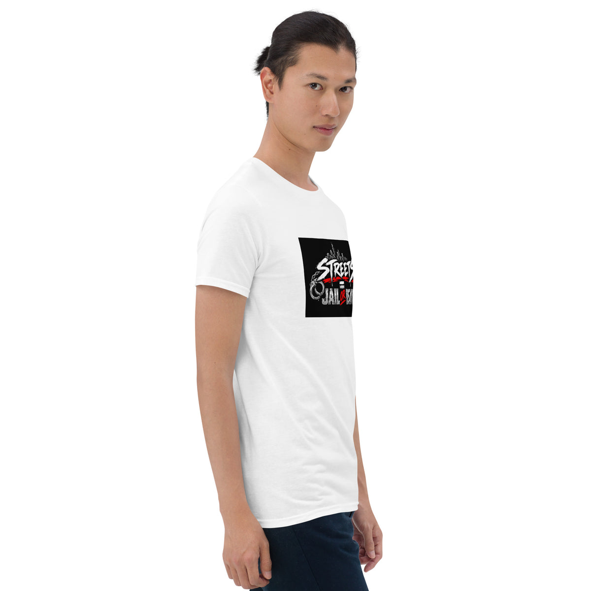 White unisex graphic T-shirt front view, black rectangular chest print with red accents