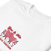 White graphic tee showing “You & Me” pink couple on white background