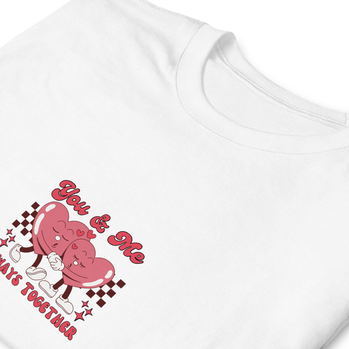 White graphic tee showing “You &amp; Me” pink couple on white background