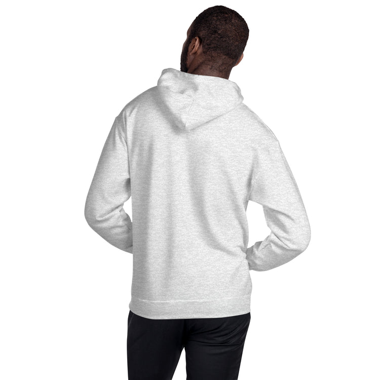 Light gray unisex pullover hoodie, back view with hood and front kangaroo pocket