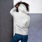 Unisex heather gray hoodie back view with pullover hood and kangaroo pocket