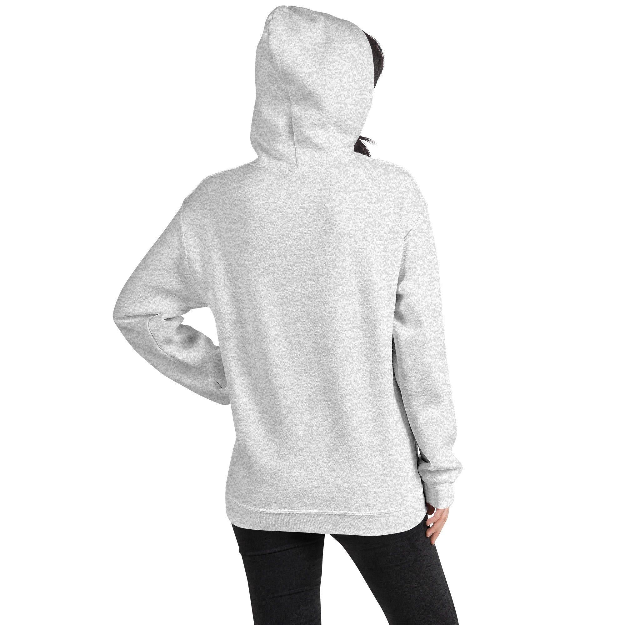 Hoodie unisex gris claro, vista trasera con capucha y bolsillo canguro