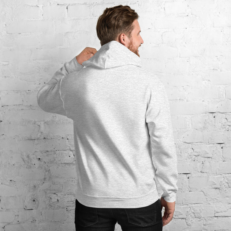 Unisex hoodie, light gray, back view with drawstring hood and kangaroo pocket.