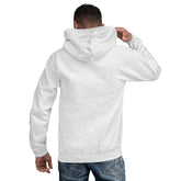 Unisex hoodie in light gray with hood and front pocket, back view