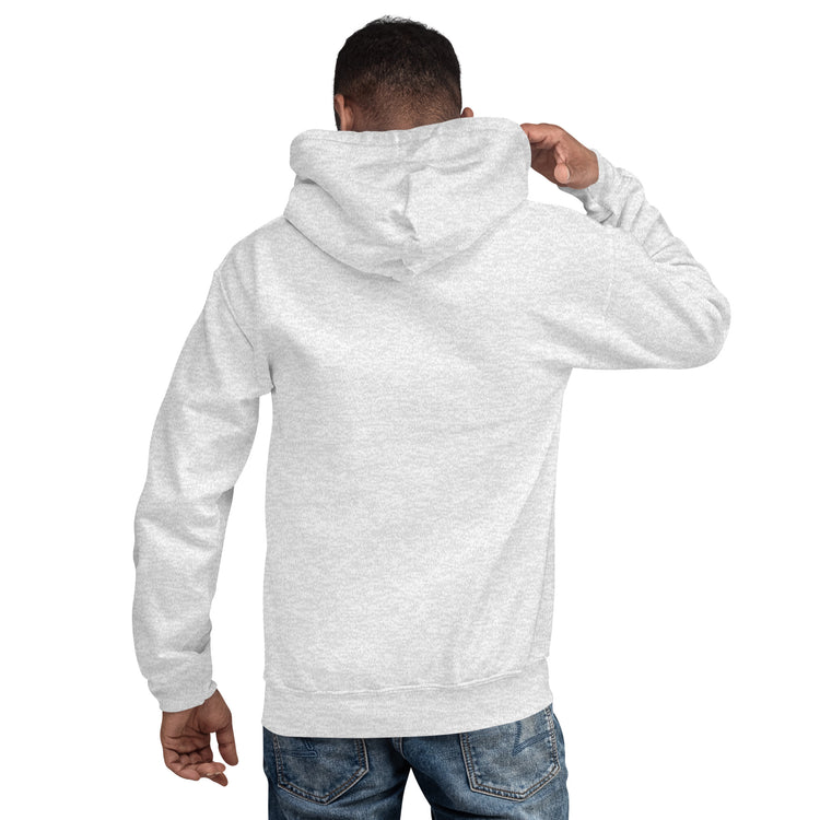 Unisex hoodie in light gray with hood and front pocket, back view