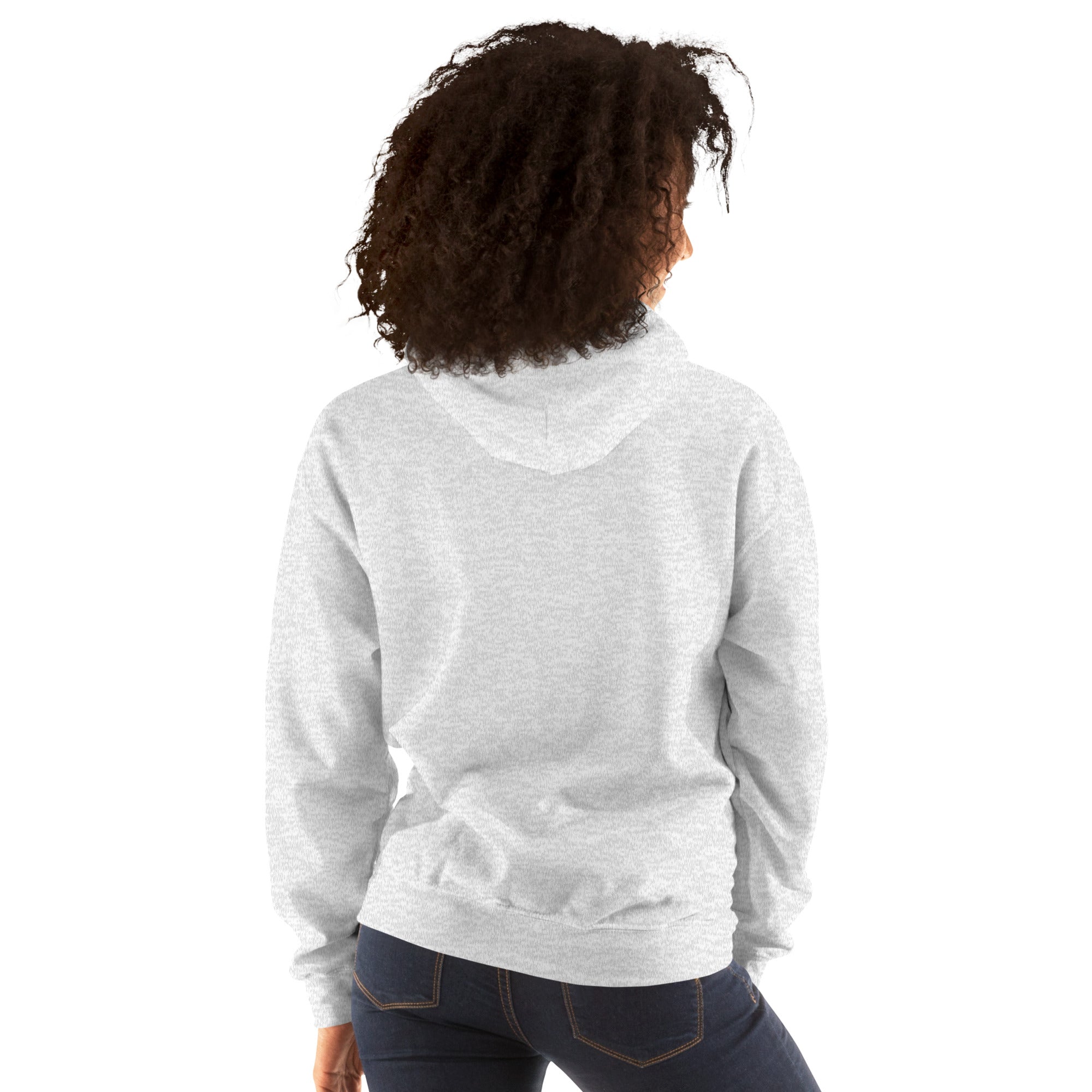 Heather gray hoodie back view with hood and long sleeves