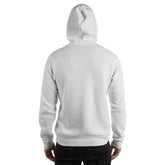 Light gray unisex hoodie, back view with hood and kangaroo pocket.