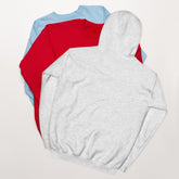 Light gray hoodie with hood up and front pouch pocket