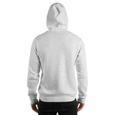 Heather gray unisex hoodie with back view hood and kangaroo pocket