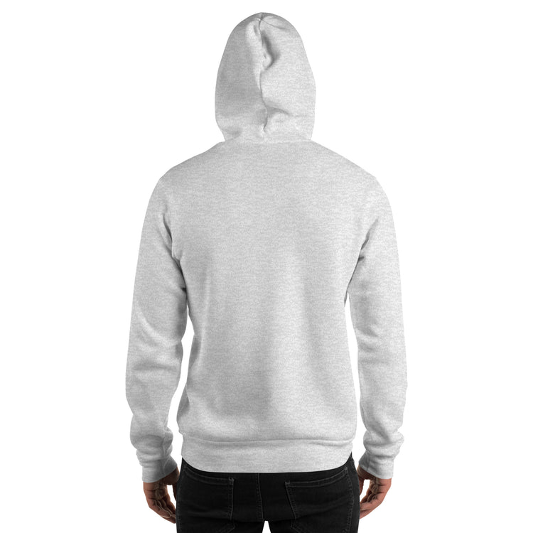 Heather gray unisex hoodie with back view hood and kangaroo pocket