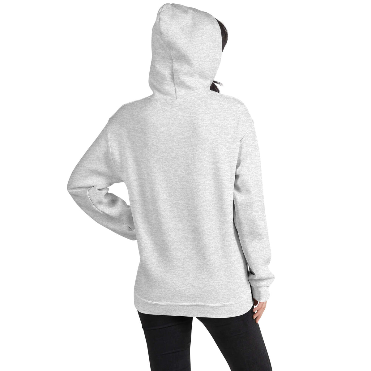 Light heather gray unisex streetwear hoodie, hooded back view with kangaroo pocket