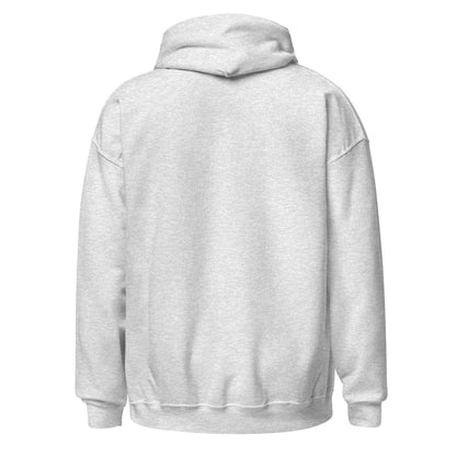 Light gray unisex pullover hoodie, back view, kangaroo pocket, drawstring hood.