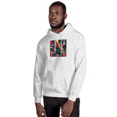 Light gray unisex pullover hoodie with front graphic print and kangaroo pocket