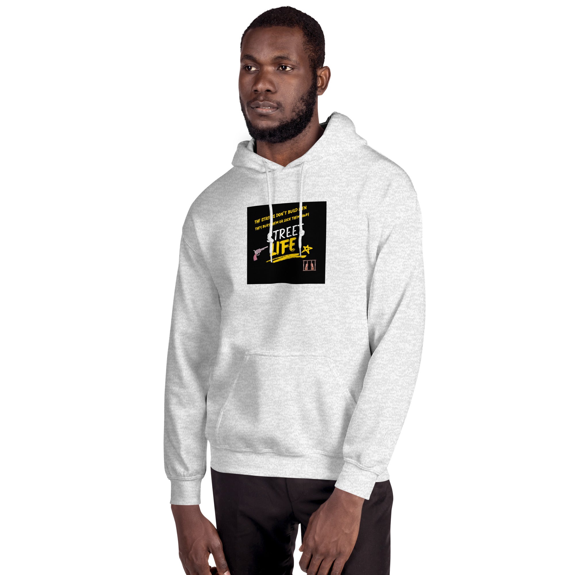 Street Life Unisex Hoodie in heather gray, front pouch pocket and logo graphic