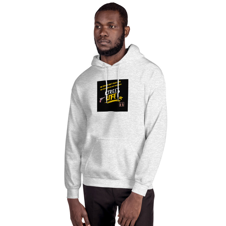Light gray unisex hoodie with front graphic and kangaroo pocket
