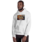 Light gray unisex hoodie with front graphic print and kangaroo pocket