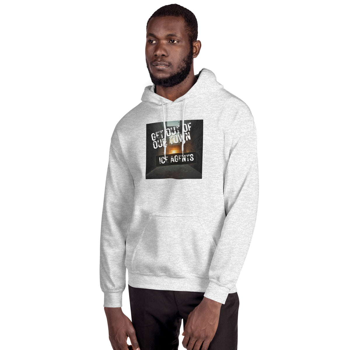 Heather gray pullover hoodie with hood, front pocket, and black square chest graphic
