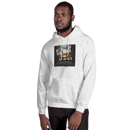 Heather gray pullover hoodie with hood, front pocket, and black square chest graphic
