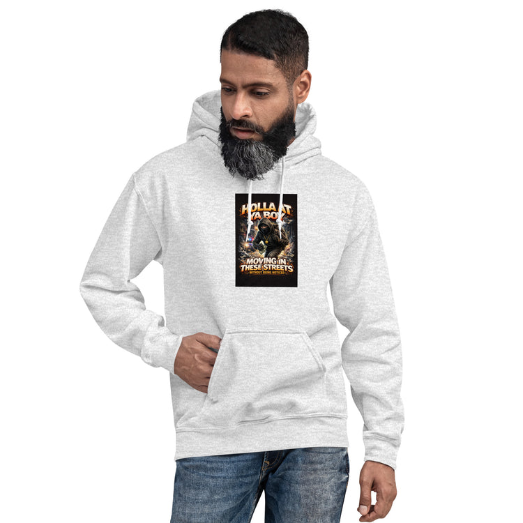 Moving In These Streets unisex hoodie in Dark Heather grey with chest graphic and pocket