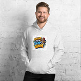 Light gray unisex pullover hoodie with front logo graphic, kangaroo pocket, and hood