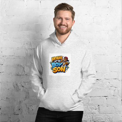 Heather gray unisex hoodie with colorful square chest graphic
