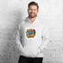 Light gray unisex pullover hoodie with front logo graphic, kangaroo pocket, and hood