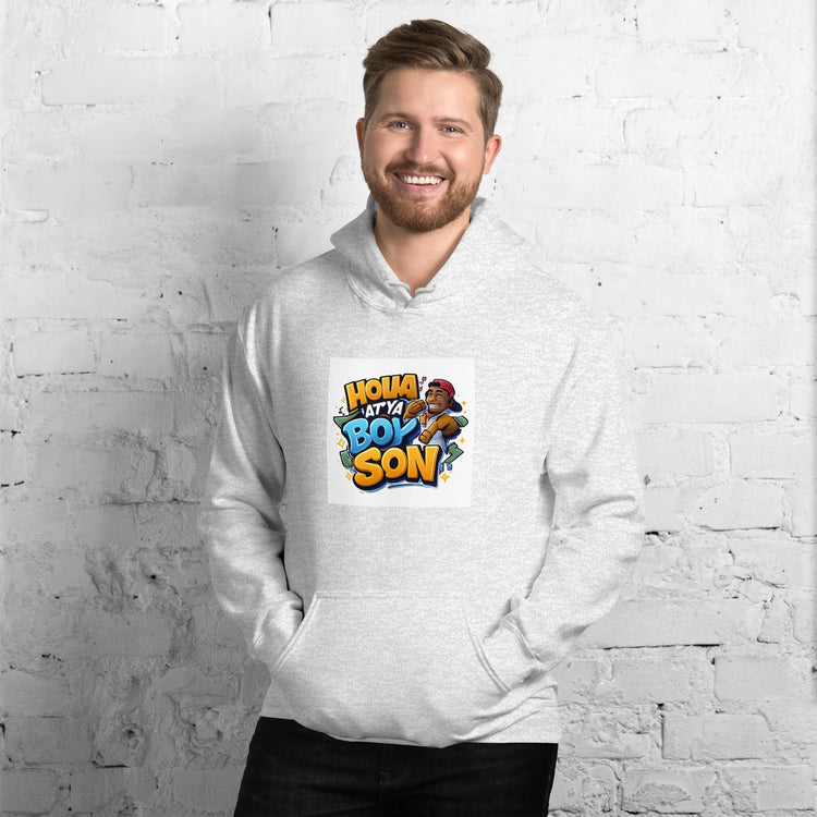 Light gray unisex pullover hoodie with front logo graphic, kangaroo pocket, and hood