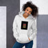 Unisex heather gray hoodie with kangaroo pocket, pullover hood, front graphic patch