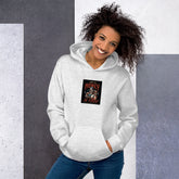 Unisex light gray hoodie with front pocket, hood, and &