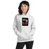 Unisex heather gray hoodie with hood, kangaroo pocket, and square chest graphic