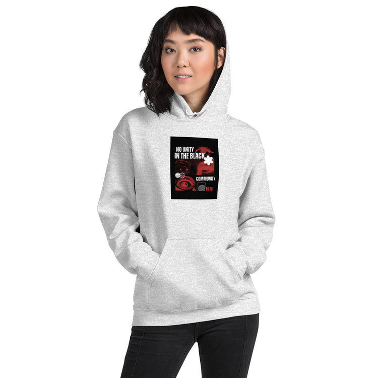 Unisex heather gray hoodie with hood, kangaroo pocket, and square chest graphic