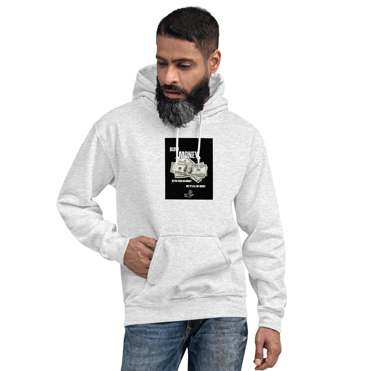 Light gray unisex hoodie with front graphic, front pouch pocket, drawstring hood