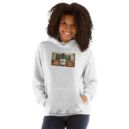 Heather gray unisex hoodie with front graphic, hood and kangaroo pocket