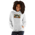 Heather gray unisex hoodie with front graphic, hood and kangaroo pocket