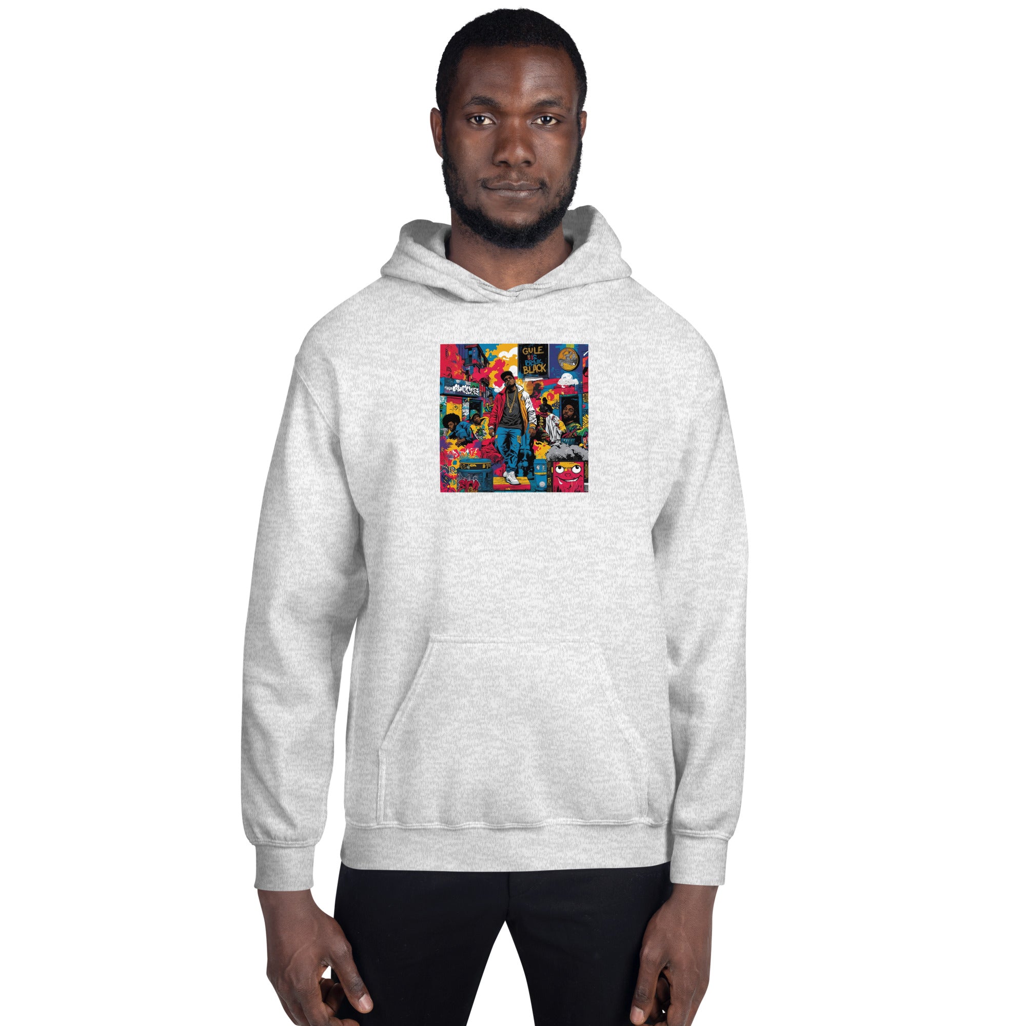 Light gray pullover hoodie with centered square graphic, hood and pouch pocket