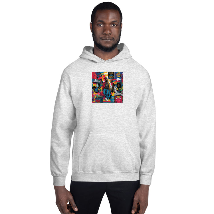 Light gray unisex hoodie with centered front graphic print and front kangaroo pocket