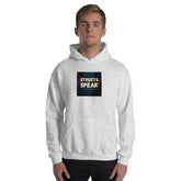 Light gray unisex hoodie with hood and kangaroo pocket, square logo graphic.