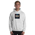 Light gray unisex hoodie with hood and kangaroo pocket, square logo graphic.