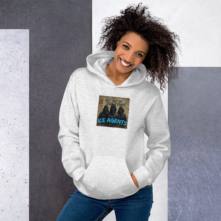 Sport grey unisex hoodie, front graphic "ICE AGENTS" with kangaroo pocket